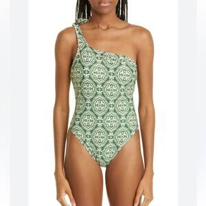 Lemlem Green and White One-Shoulder One-Piece Swimsuit